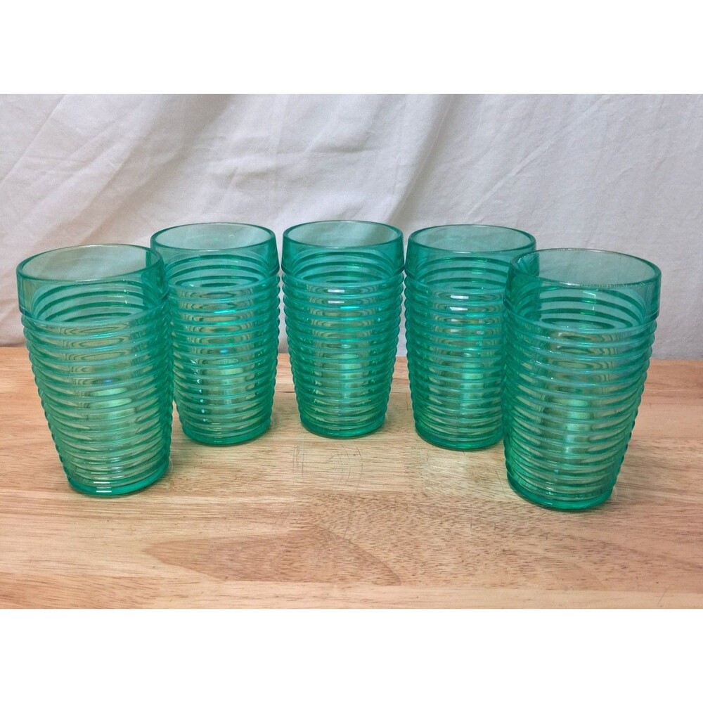 Lot of 5 Vintage Majestic USA MCM Beehive Ribbed Plastic Green Tumblers